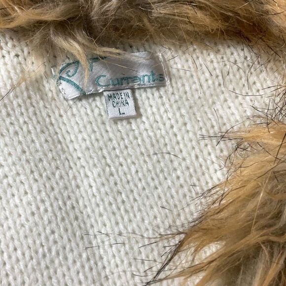 Vintage Currants Cream Knit Vest Sweater Brown Faux Fur Trim Size Large - Picture 8 of 9